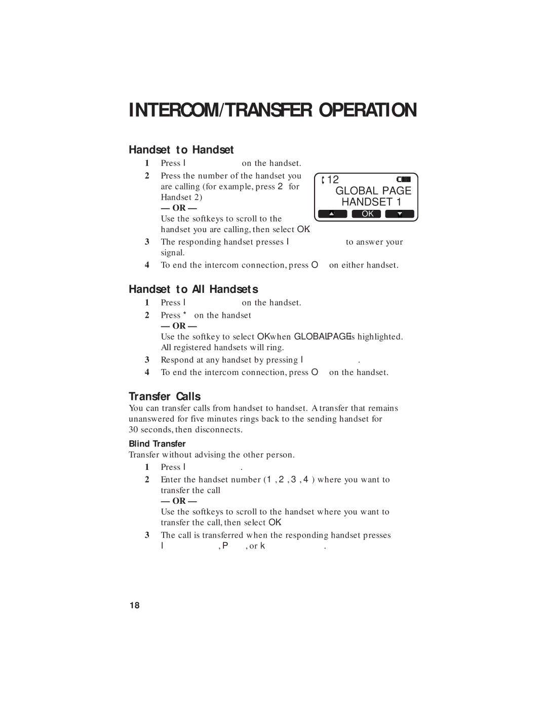 AT&T 2455 INTERCOM/TRANSFER Operation, Handset to Handset, Handset to All Handsets, Transfer Calls, Blind Transfer 