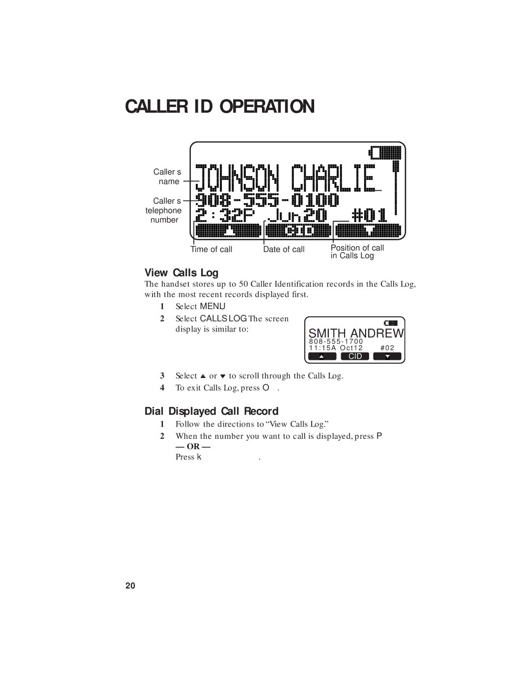 AT&T 2455 user manual Caller ID Operation, View Calls Log, Dial Displayed Call Record 