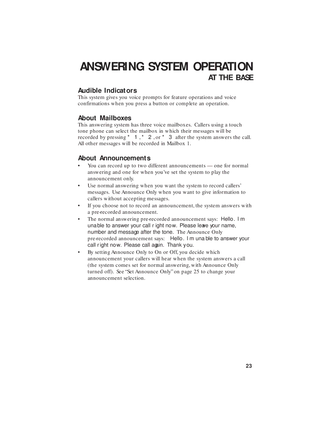 AT&T 2455 user manual Answering System Operation, Audible Indicators, About Mailboxes, About Announcements 