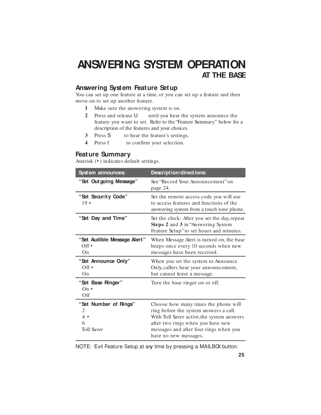 AT&T 2455 user manual Answering System Feature Setup, Feature Summary 