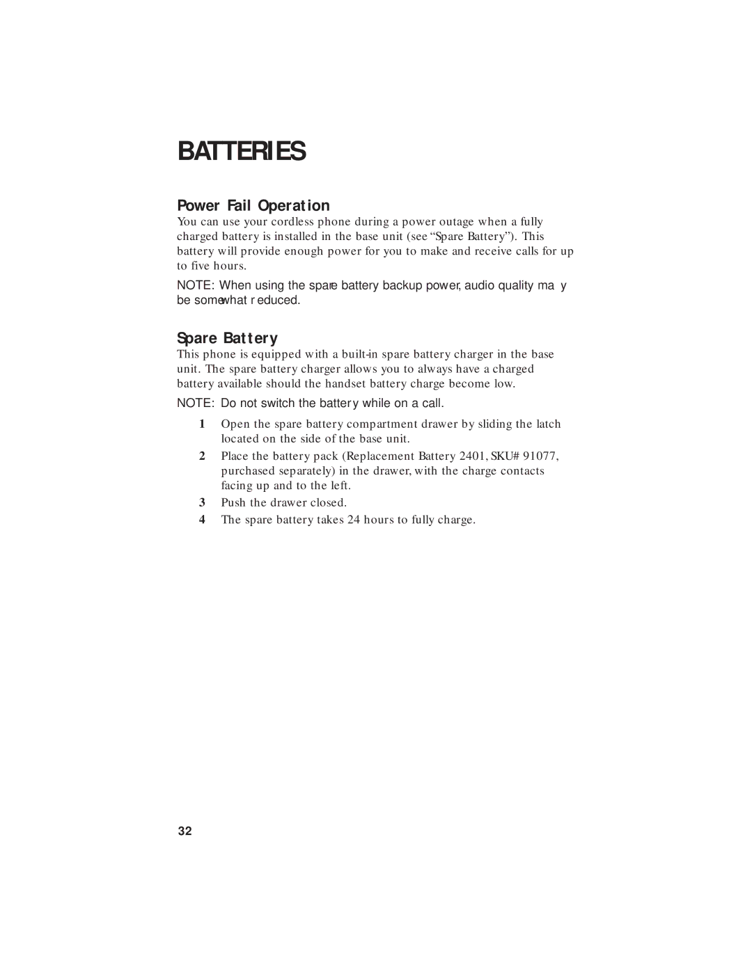 AT&T 2455 user manual Power Fail Operation, Spare Battery 