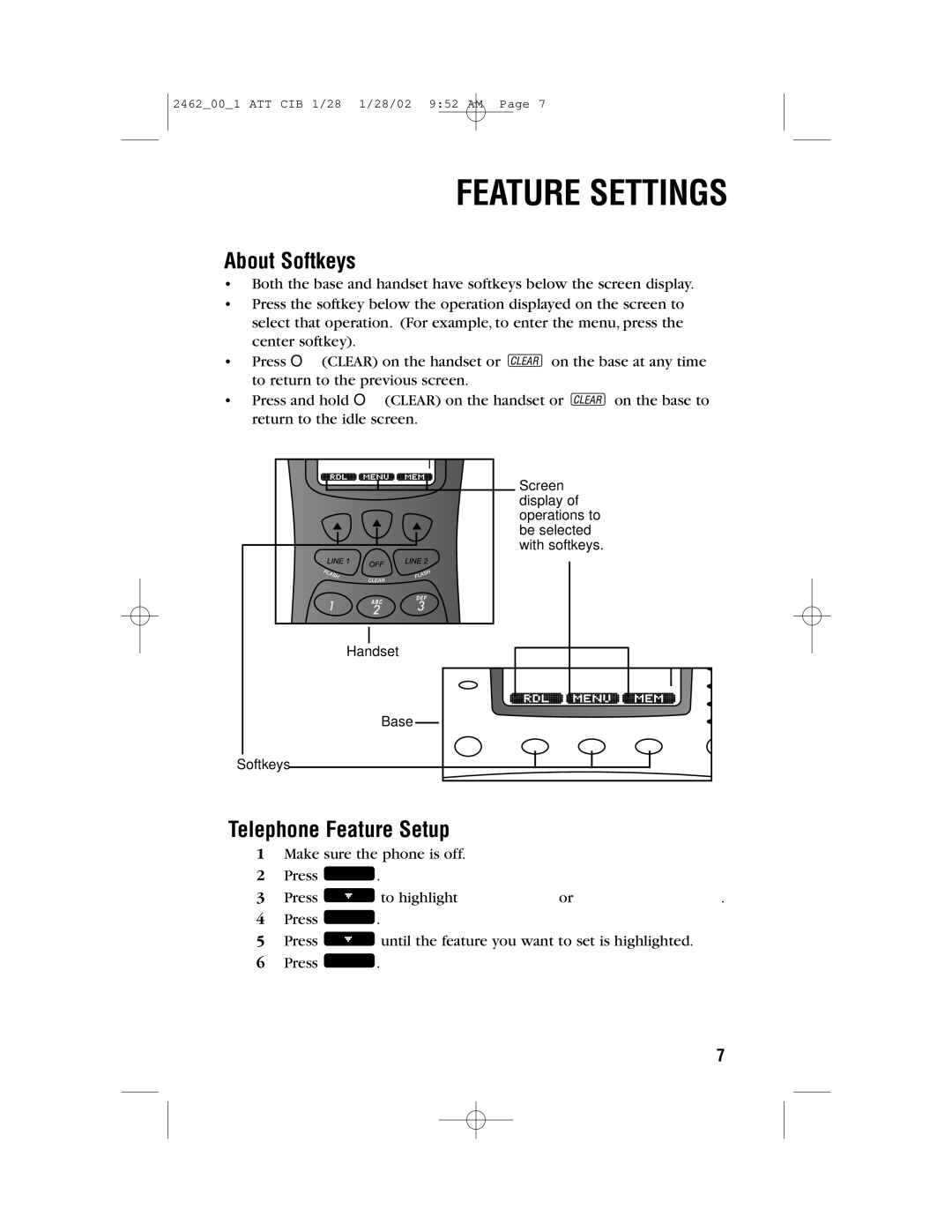 AT&T 2462 user manual Feature Settings, About Softkeys, Telephone Feature Setup 