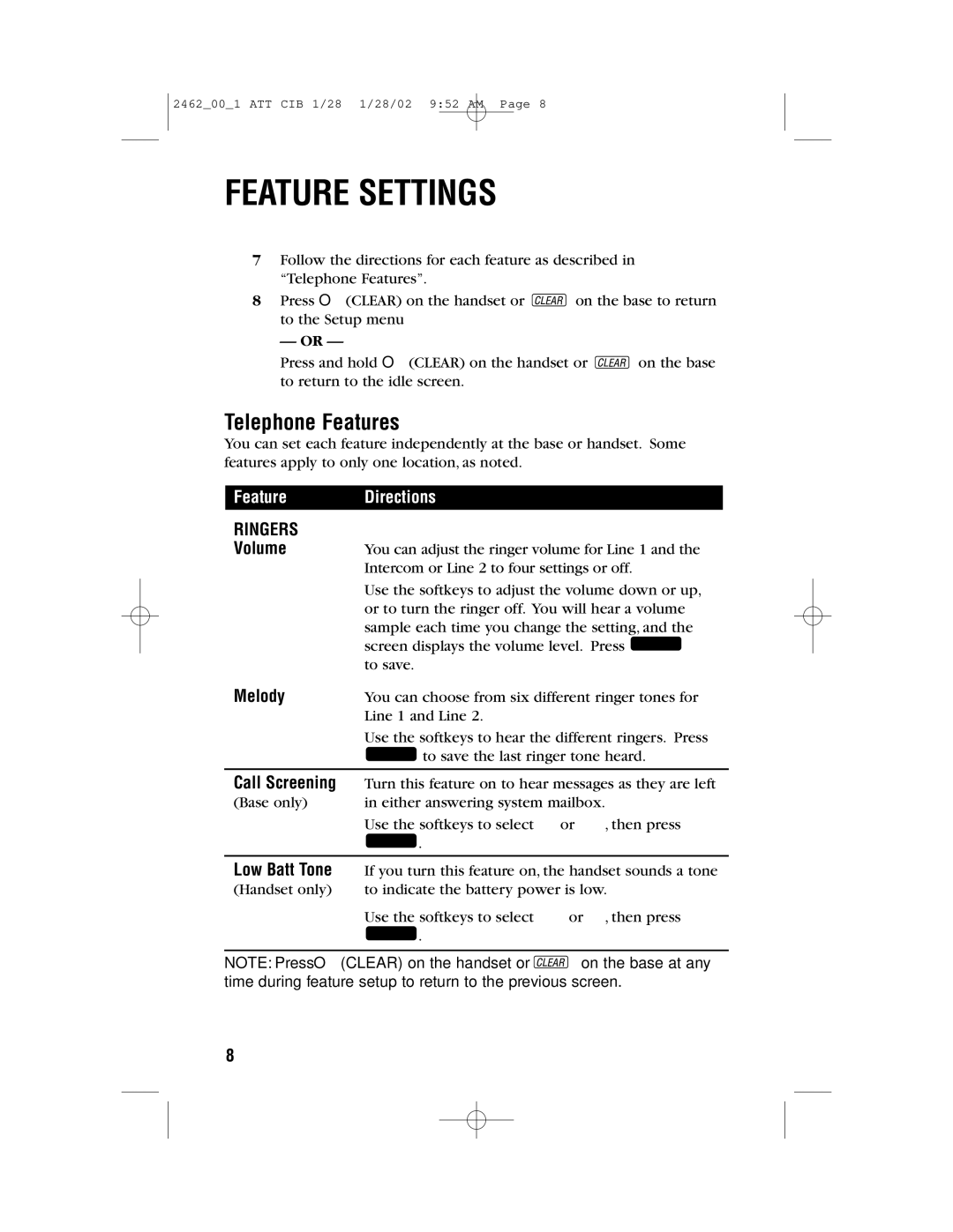 AT&T 2462 user manual Telephone Features, Volume, Melody, Call Screening, Low Batt Tone 