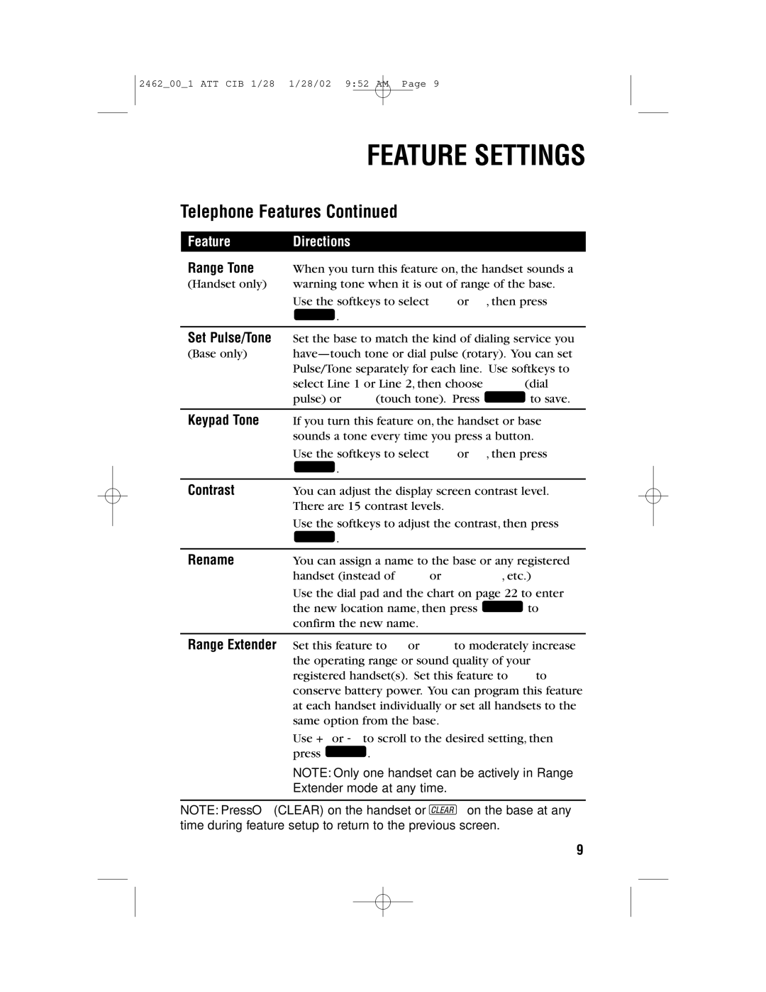 AT&T 2462 user manual Range Tone, Set Pulse/Tone, Keypad Tone, Contrast, Rename 