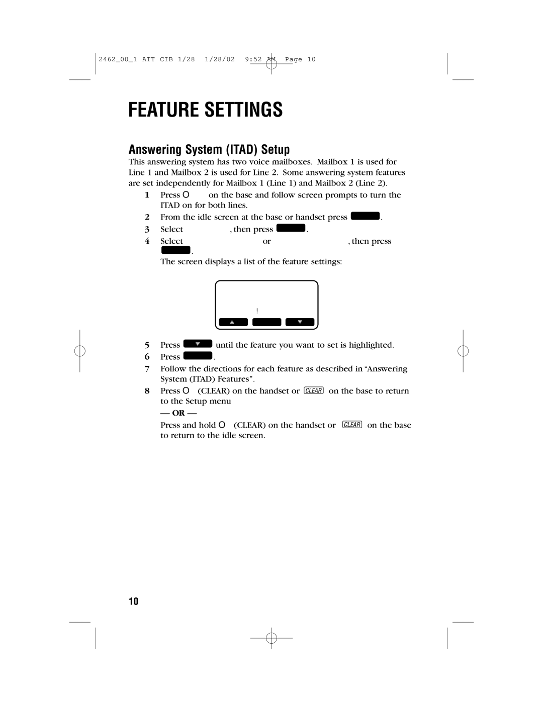 AT&T 2462 user manual Answering System Itad Setup, Select Mailbox 1 Setup or Mailbox 2 SETUP, then press 