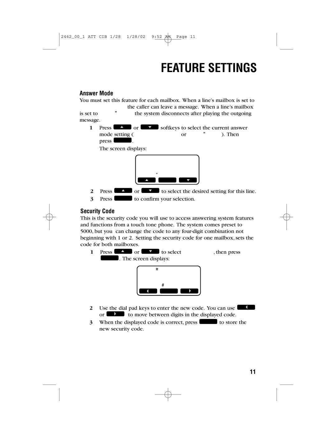 AT&T 2462 user manual Answer Mode, Security Code 