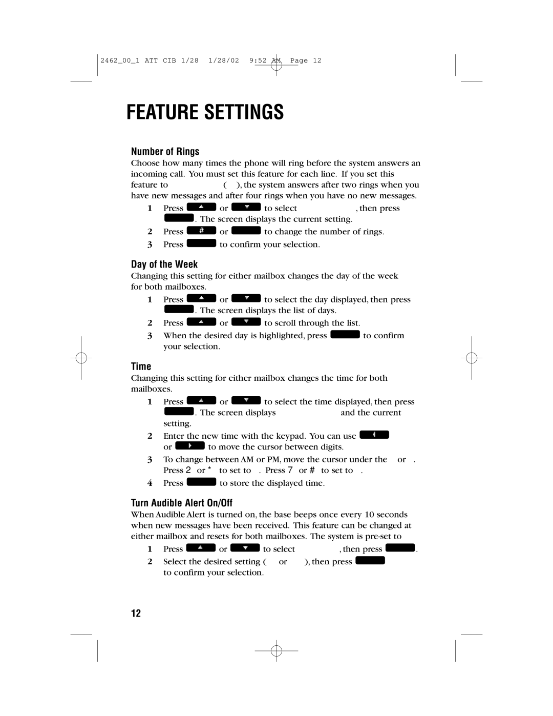 AT&T 2462 user manual Number of Rings, Day of the Week, Time, Turn Audible Alert On/Off 