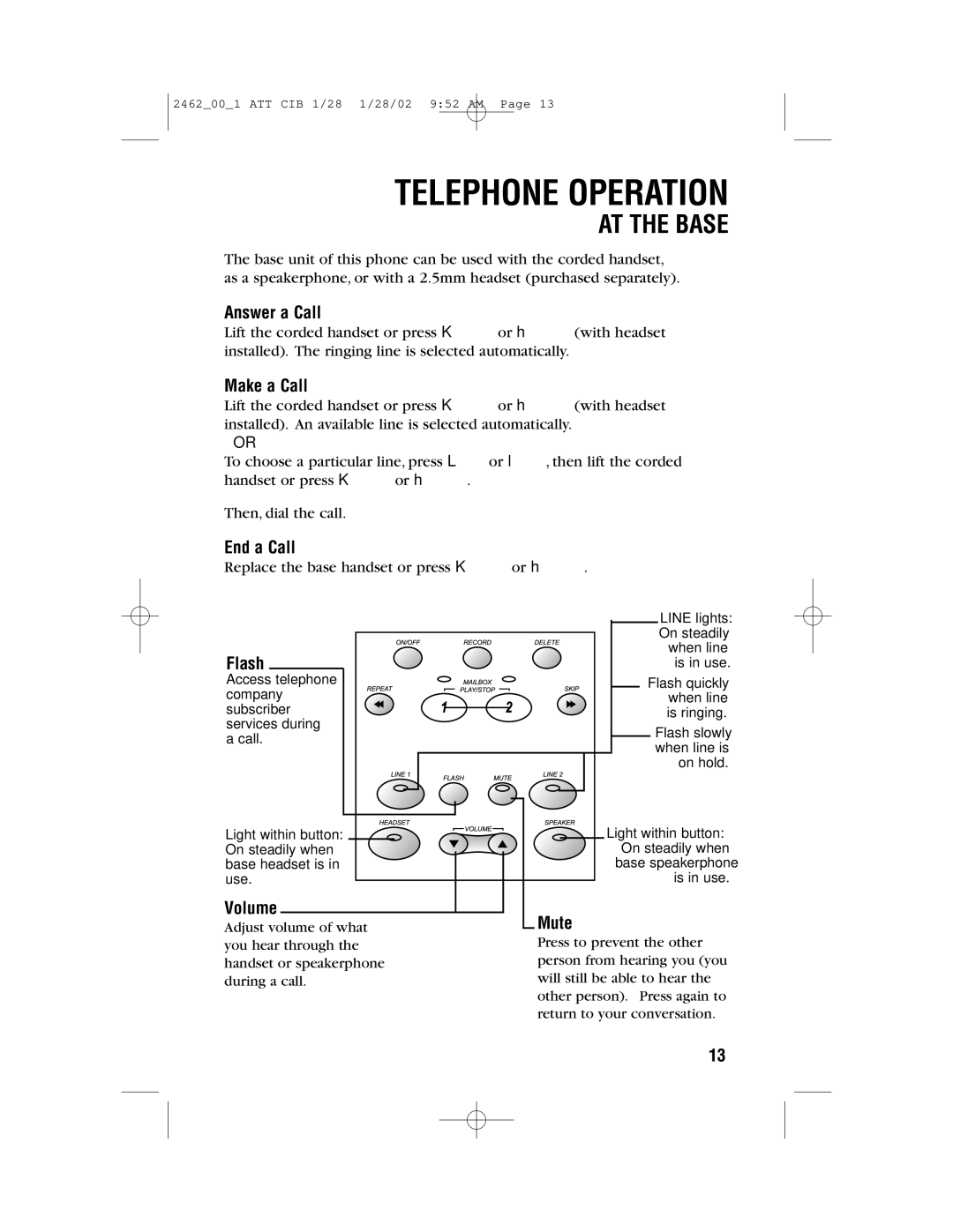 AT&T 2462 user manual Telephone Operation, Answer a Call, Make a Call, End a Call 