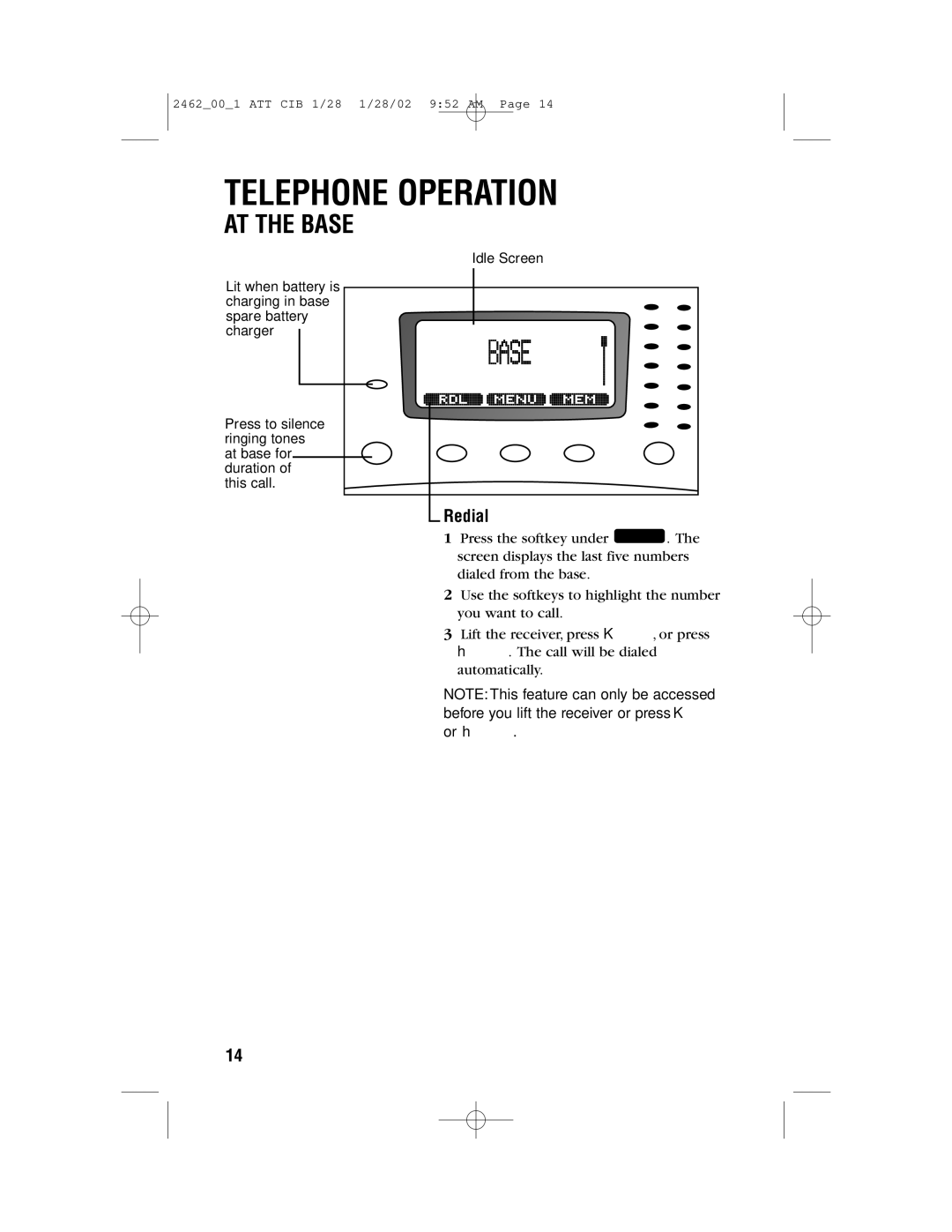 AT&T 2462 user manual Redial 