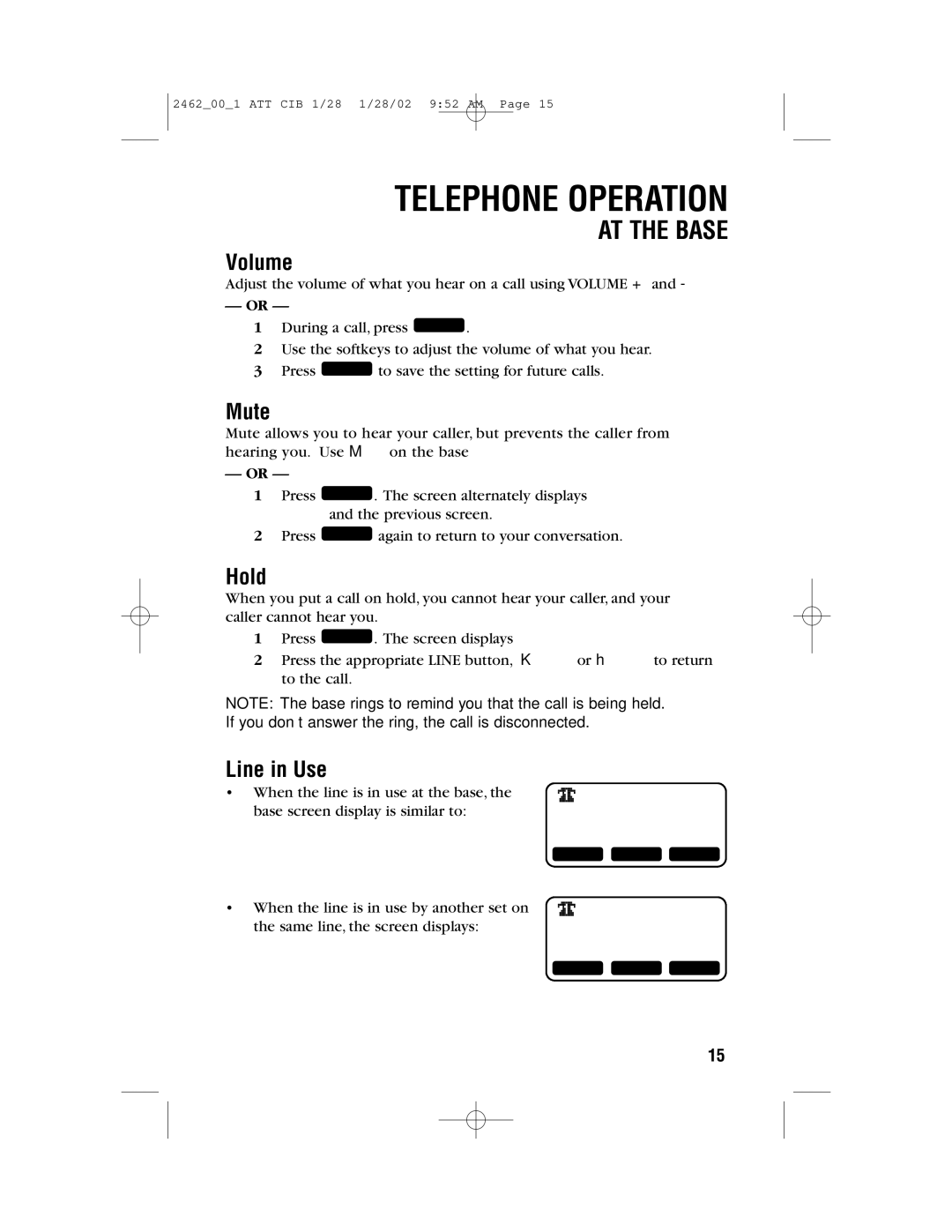 AT&T 2462 user manual Volume, Mute, Hold, Line in Use 