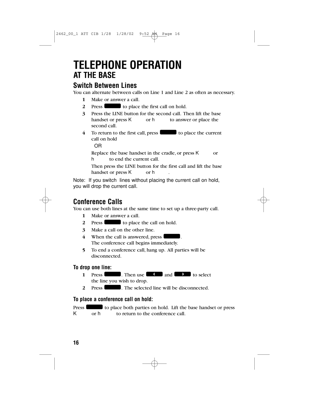 AT&T 2462 user manual Switch Between Lines, Conference Calls, To drop one line, To place a conference call on hold 