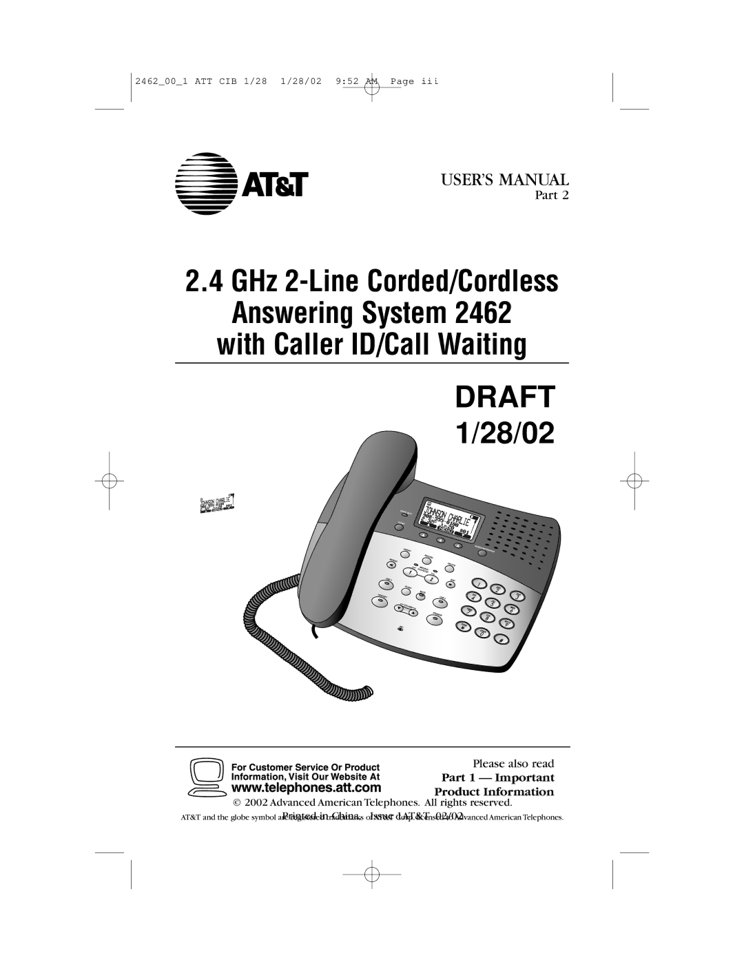 AT&T 2462 user manual Advanced American Telephones. All rights reserved 