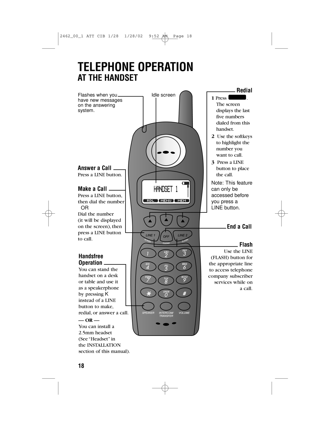 AT&T 2462 user manual AT the Handset, End a Call Flash Handsfree Operation 