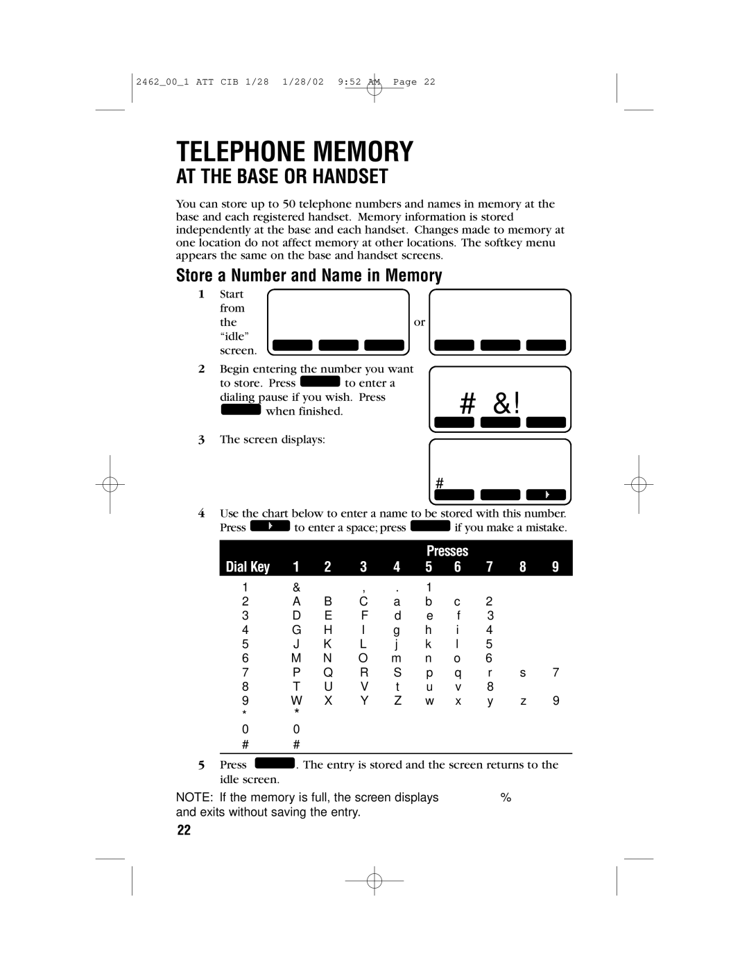 AT&T 2462 user manual Telephone Memory, Store a Number and Name in Memory 