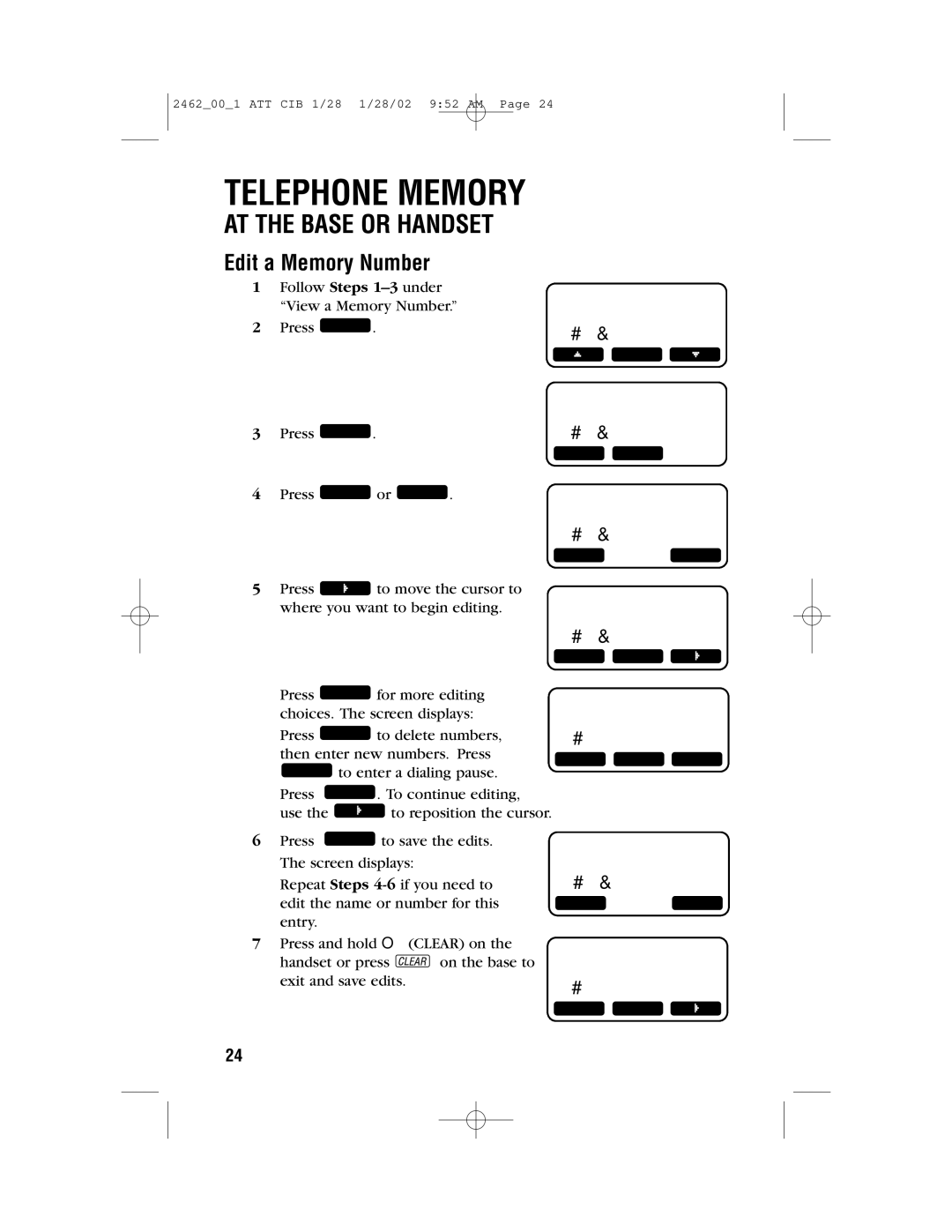 AT&T 2462 user manual Telephone Memory, Edit a Memory Number 