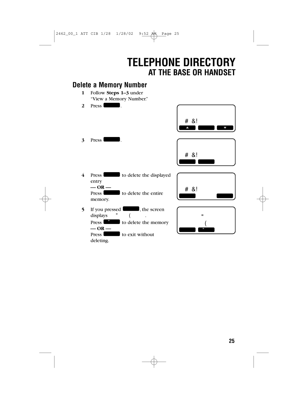 AT&T 2462 user manual Telephone Directory, Delete a Memory Number 