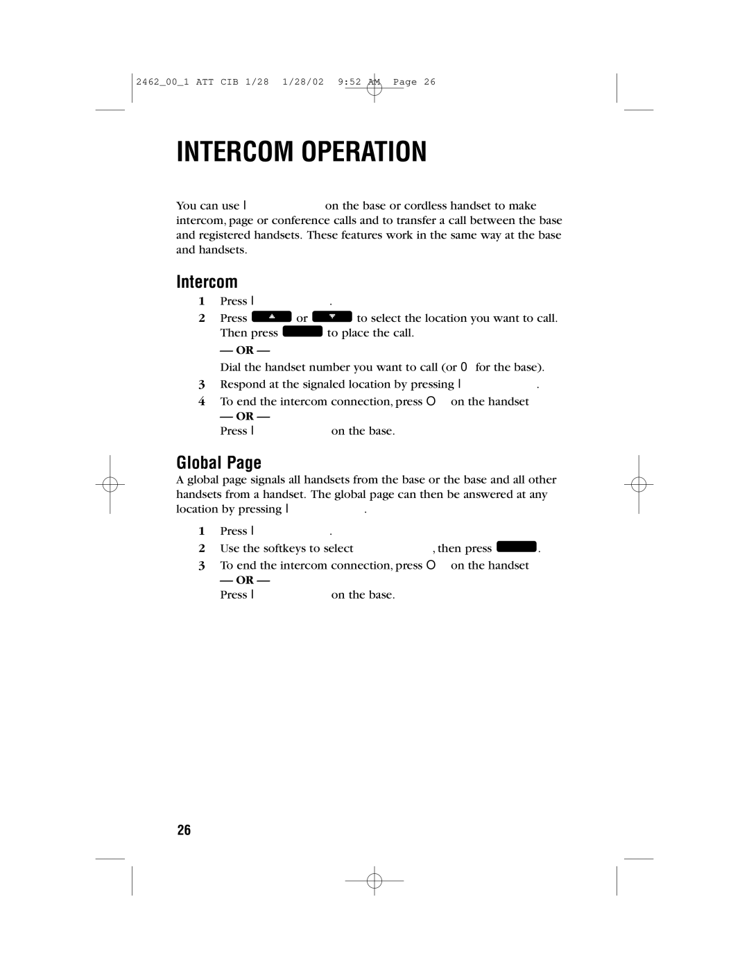 AT&T 2462 user manual Intercom Operation, Global 