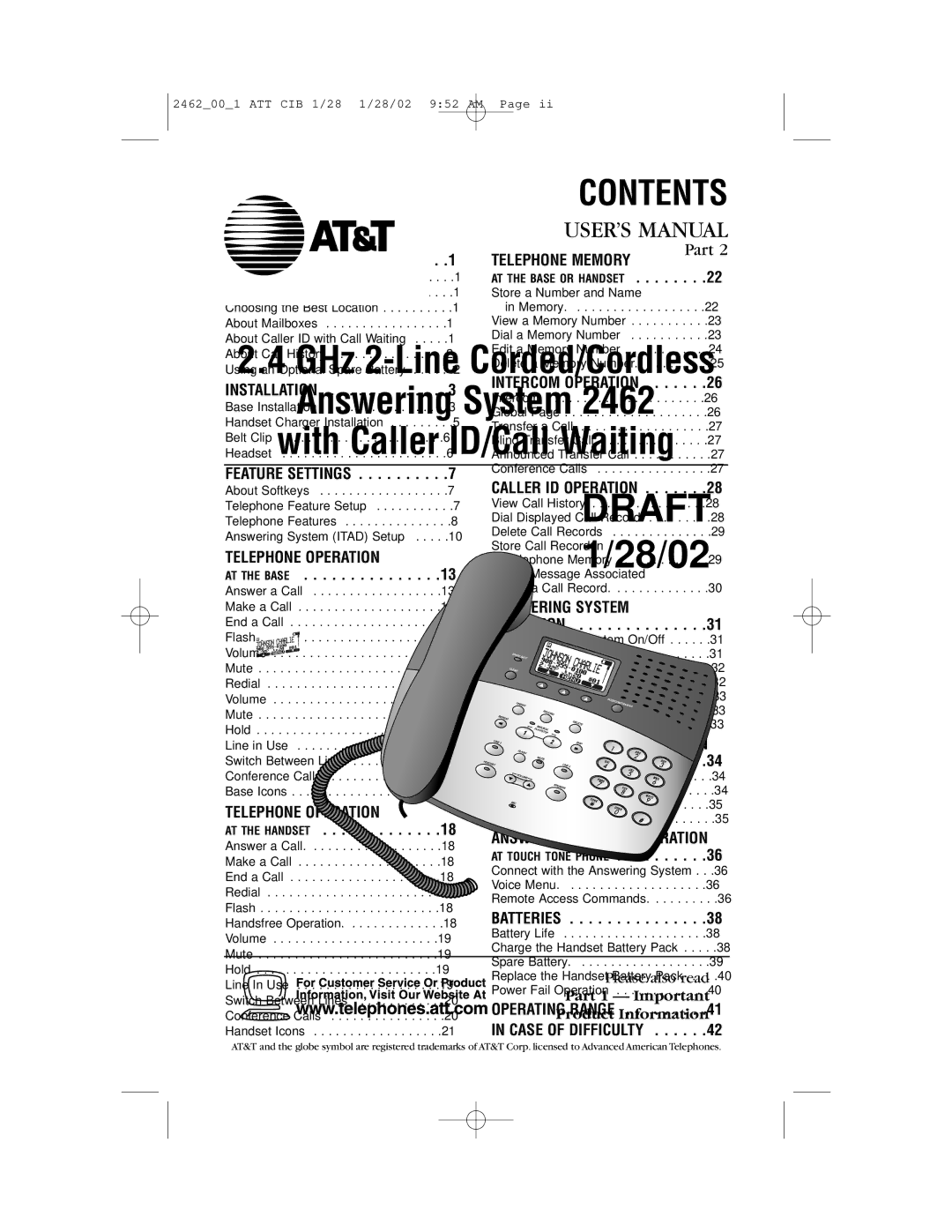 AT&T 2462 user manual Contents 