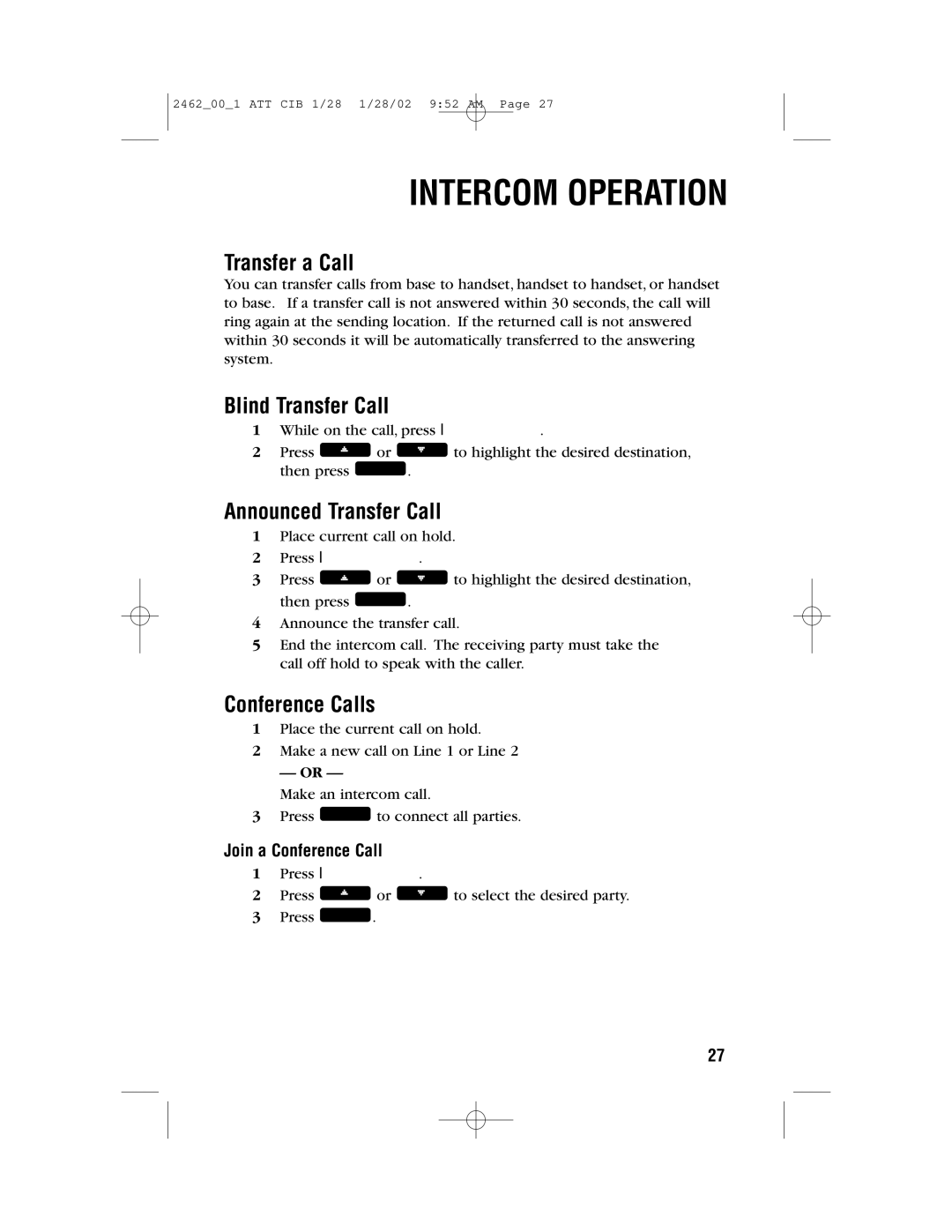 AT&T 2462 user manual Transfer a Call, Blind Transfer Call, Announced Transfer Call, Join a Conference Call 