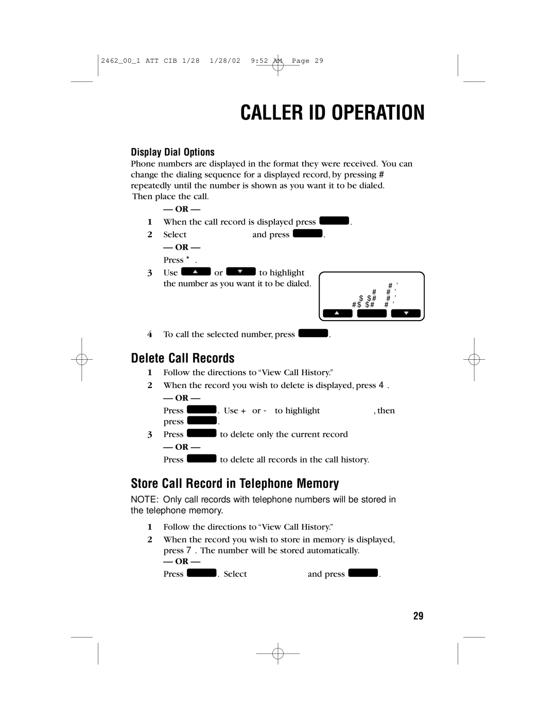 AT&T 2462 user manual Delete Call Records, Store Call Record in Telephone Memory, Display Dial Options 