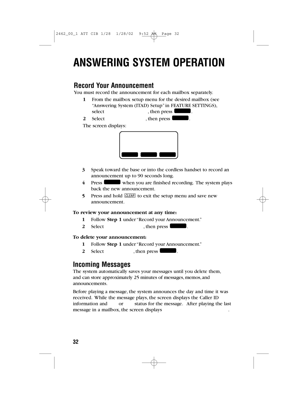 AT&T 2462 user manual Record Your Announcement, Incoming Messages 