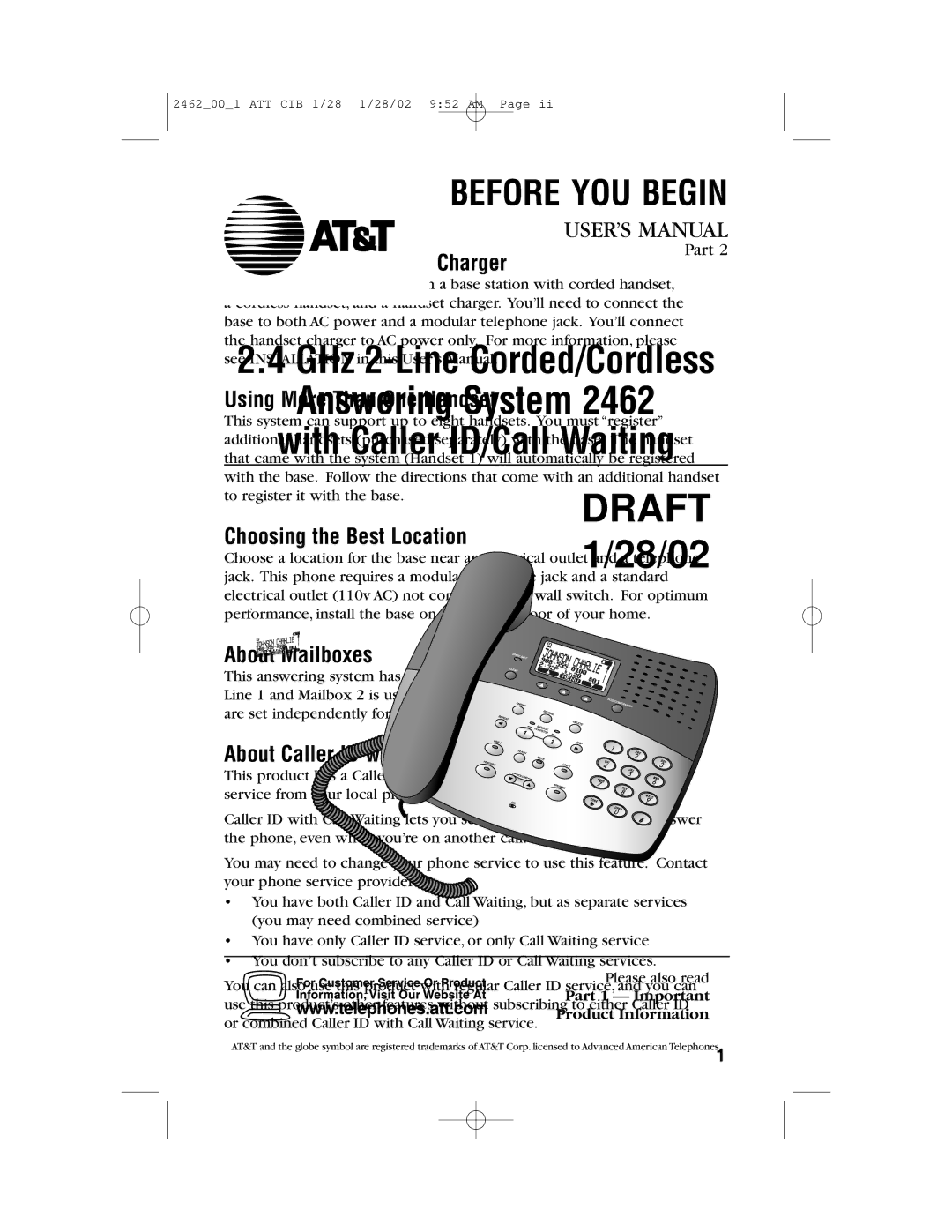 AT&T 2462 user manual Before YOU Begin 