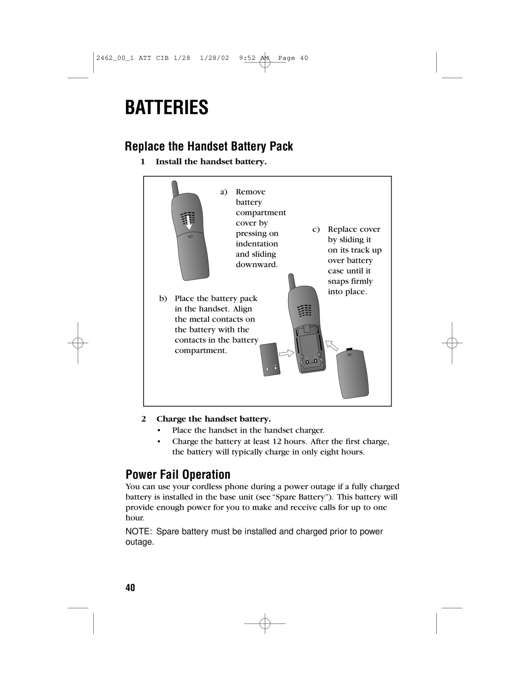 AT&T 2462 user manual Replace the Handset Battery Pack, Power Fail Operation 