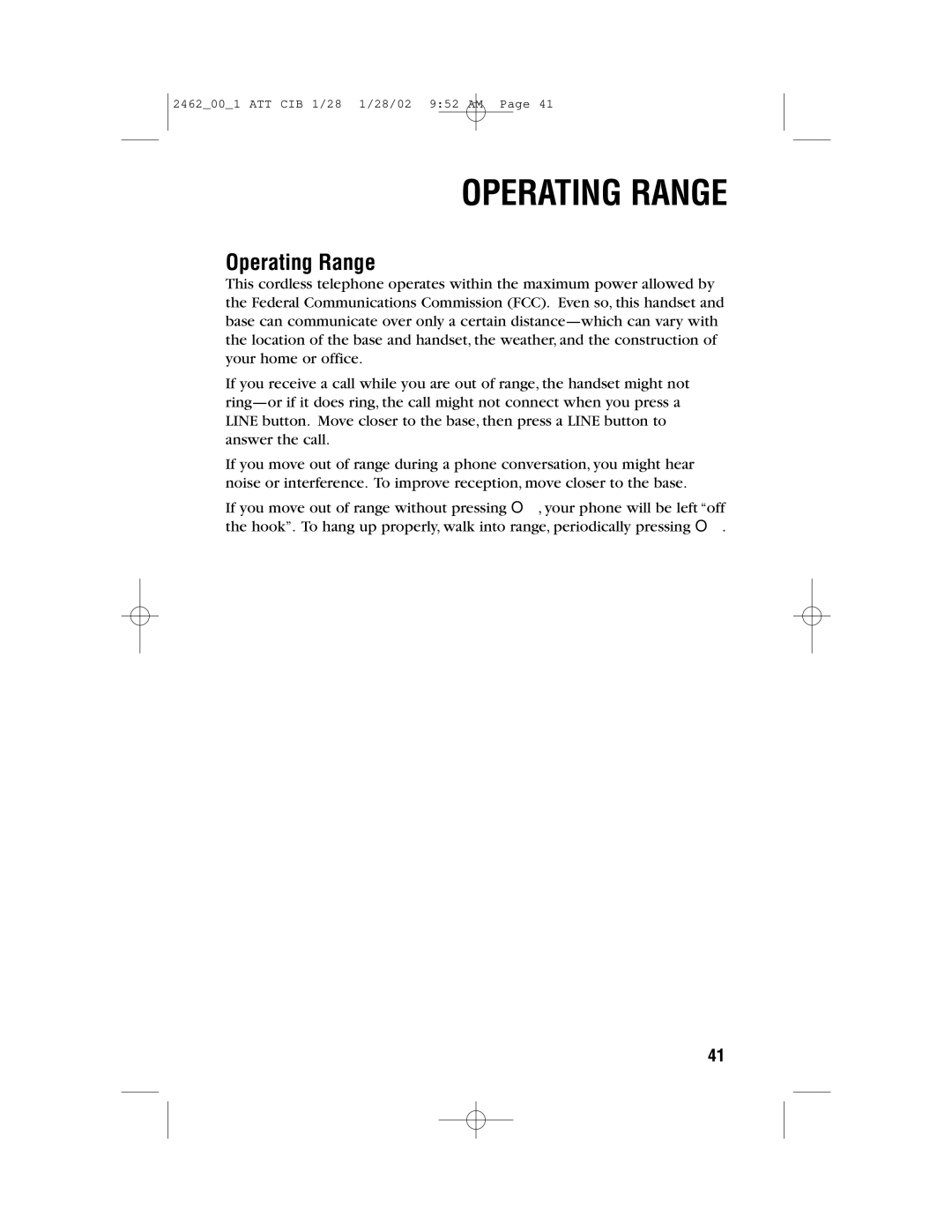 AT&T 2462 user manual Operating Range 