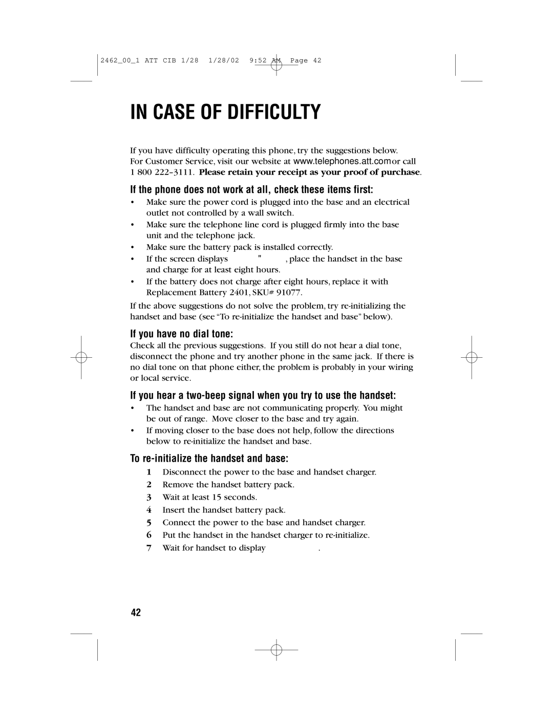 AT&T 2462 Case of Difficulty, If the phone does not work at all, check these items first, If you have no dial tone 