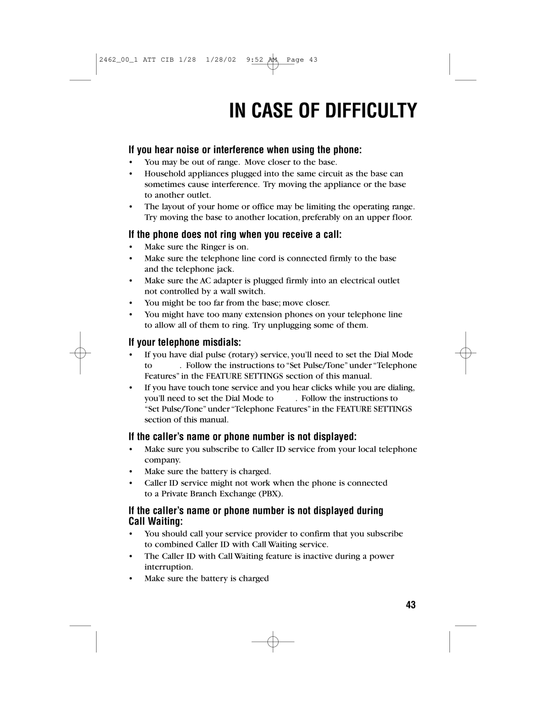 AT&T 2462 If you hear noise or interference when using the phone, If the phone does not ring when you receive a call 