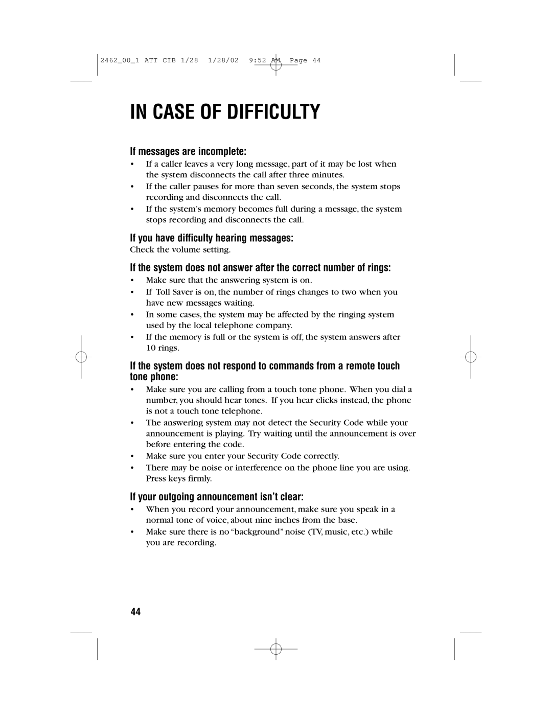 AT&T 2462 If messages are incomplete, If you have difficulty hearing messages, If your outgoing announcement isn’t clear 