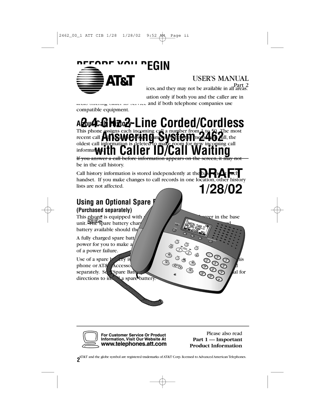 AT&T 2462 user manual About Call History, Using an Optional Spare Battery, Purchased separately 