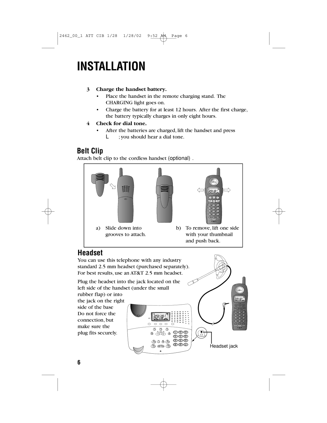 AT&T 2462 user manual Belt Clip, Headset 