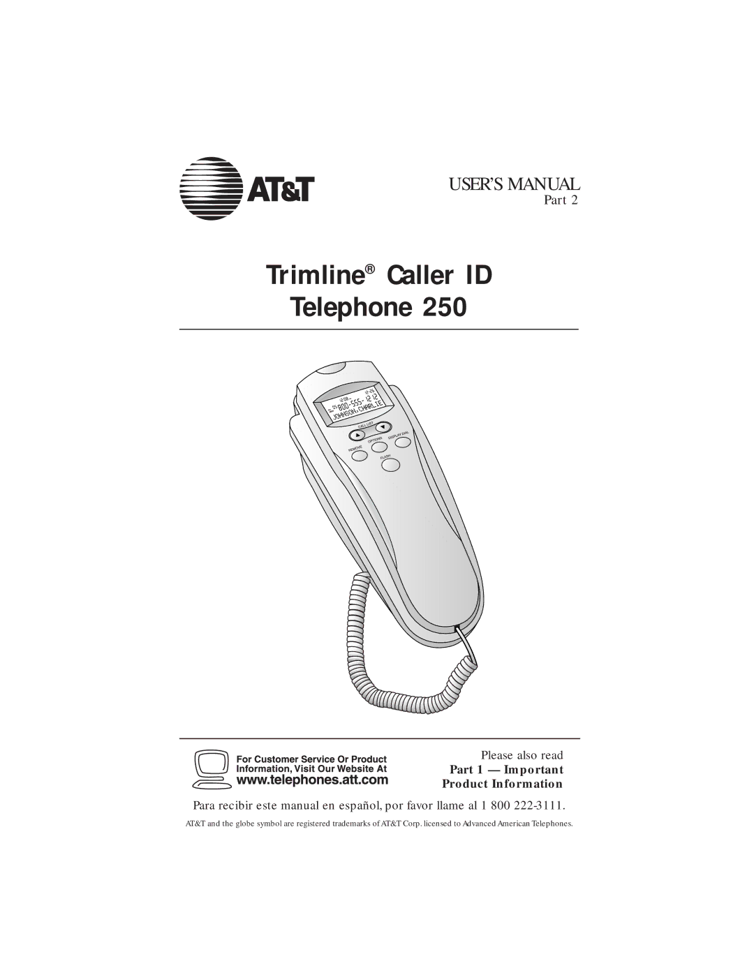 AT&T 250 user manual Trimline Caller ID Telephone 