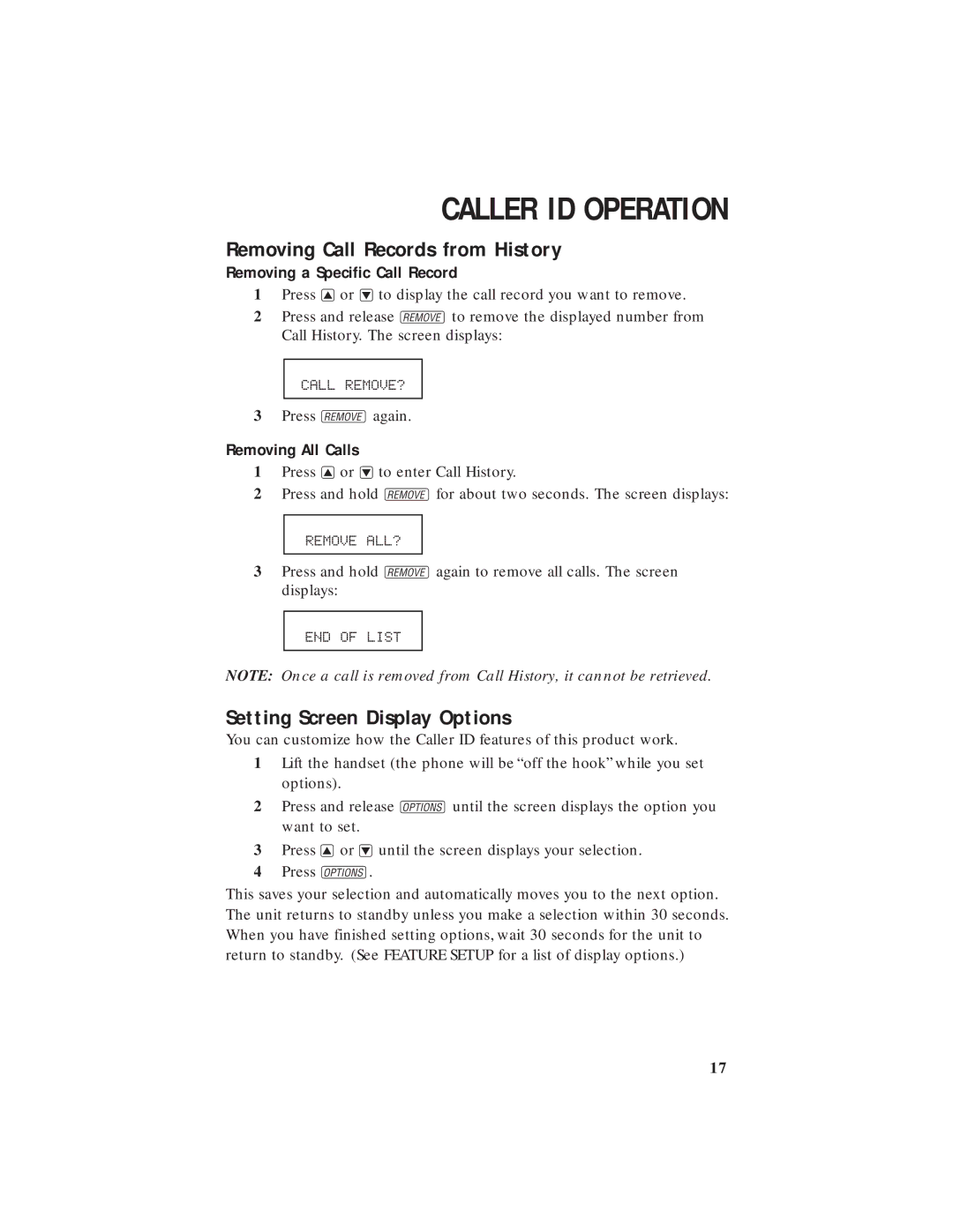 AT&T 250 user manual Removing Call Records from History, Setting Screen Display Options, Removing a Specific Call Record 