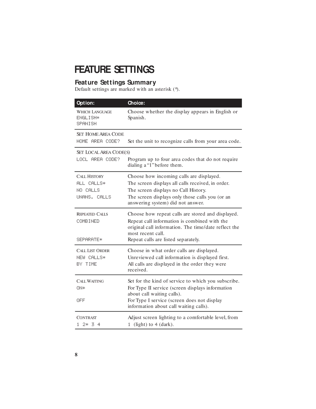 AT&T 250 user manual Feature Settings Summary 