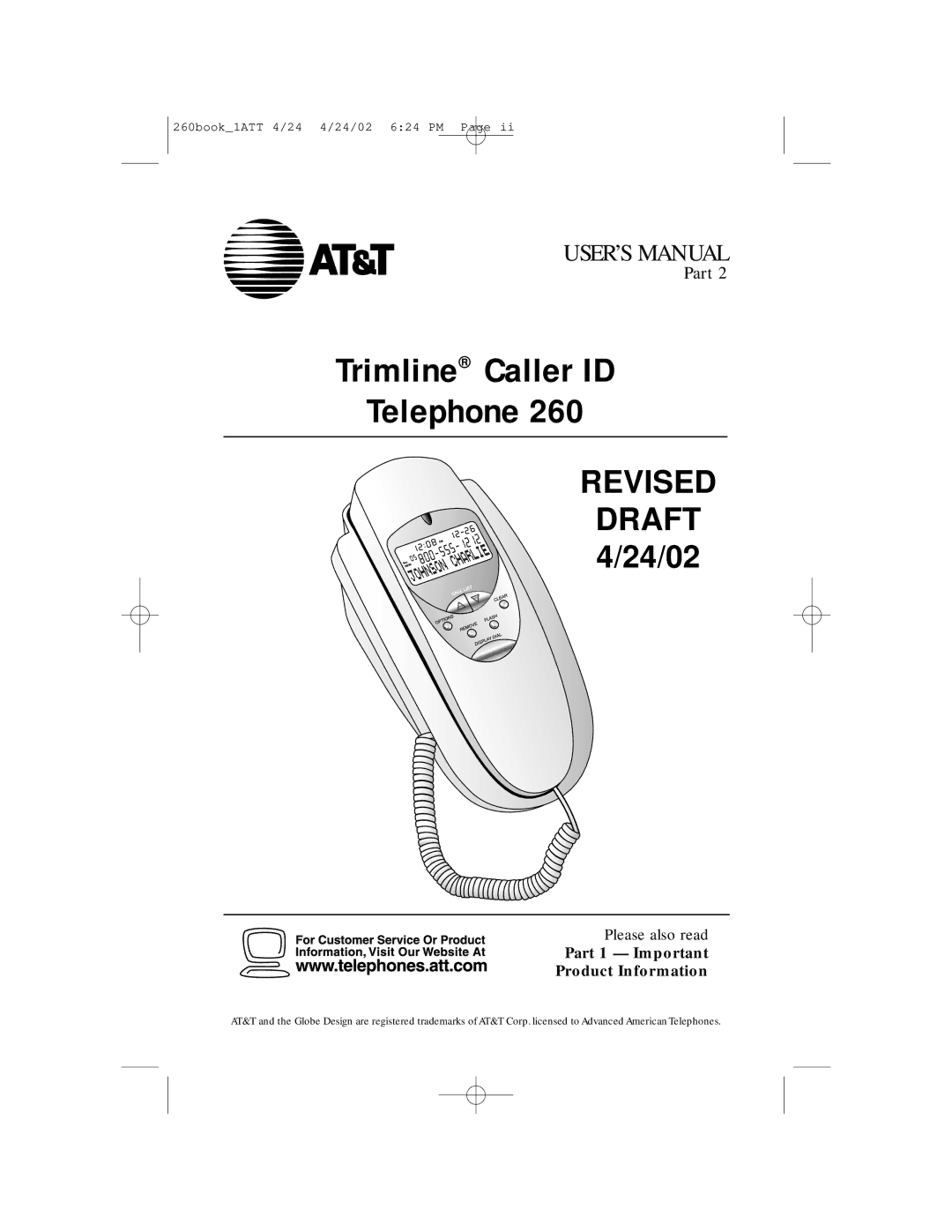 AT&T 260 user manual Trimline Caller ID Telephone 