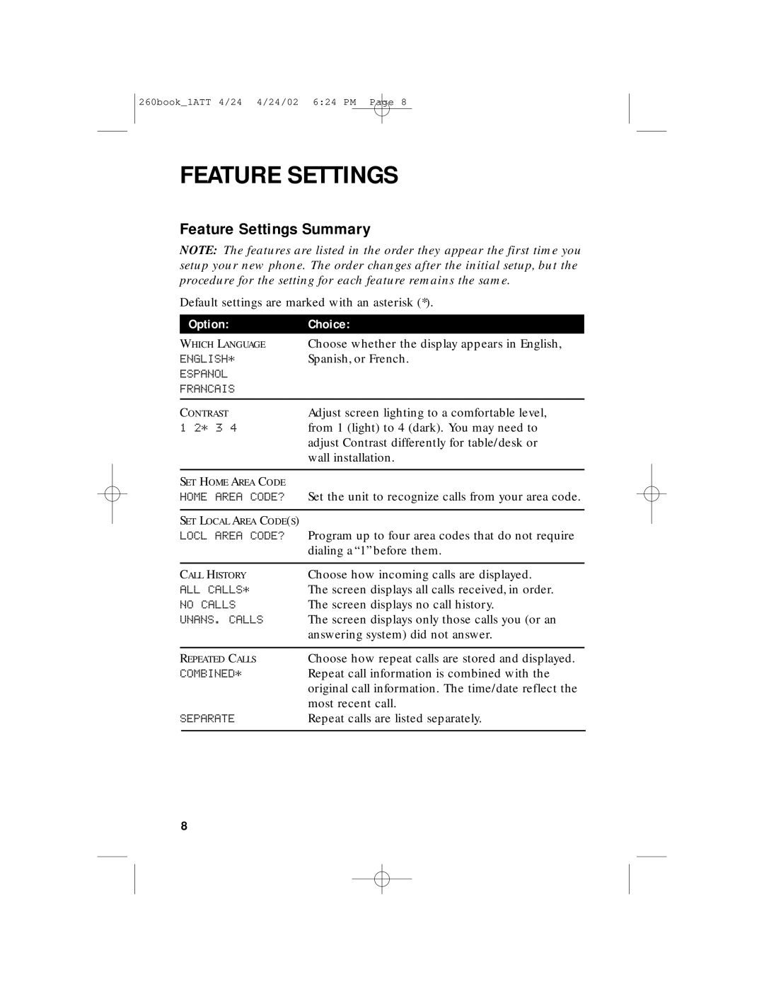 AT&T 260 user manual Feature Settings Summary 