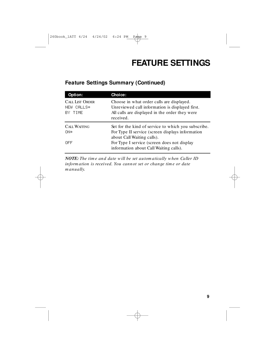 AT&T 260 user manual Feature Settings 