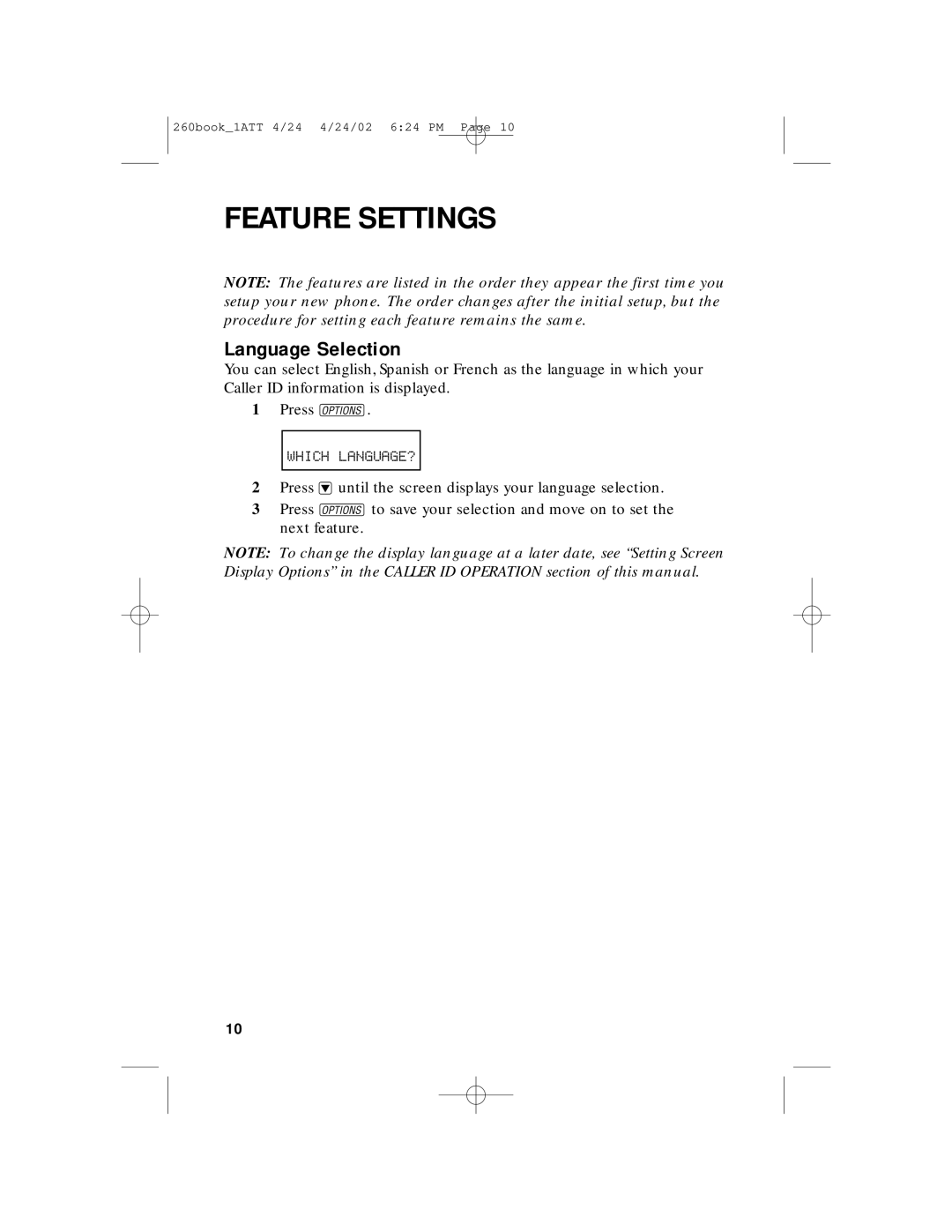 AT&T 260 user manual Language Selection, Which LANGUAGE? 