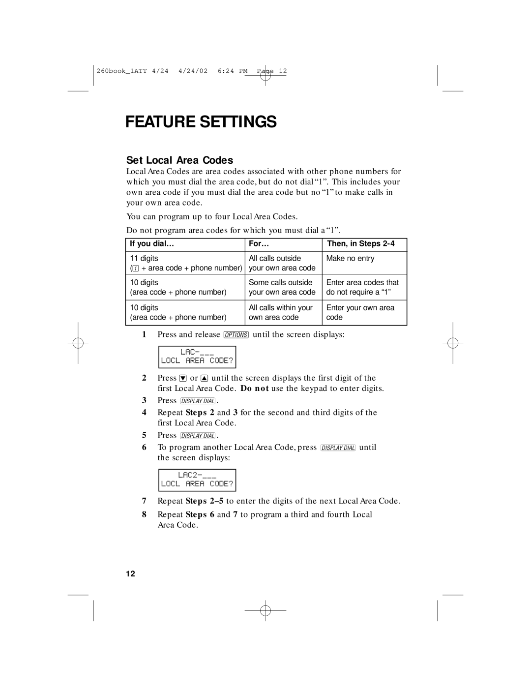 AT&T 260 user manual Set Local Area Codes 