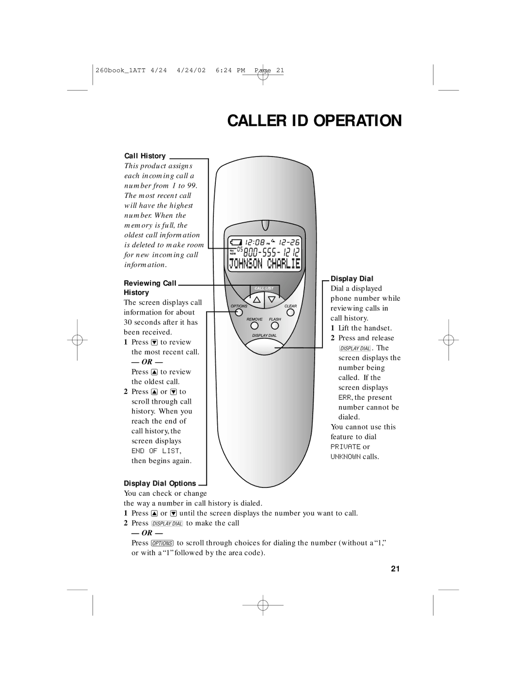 AT&T 260 user manual Reviewing Call History, Display Dial Options 