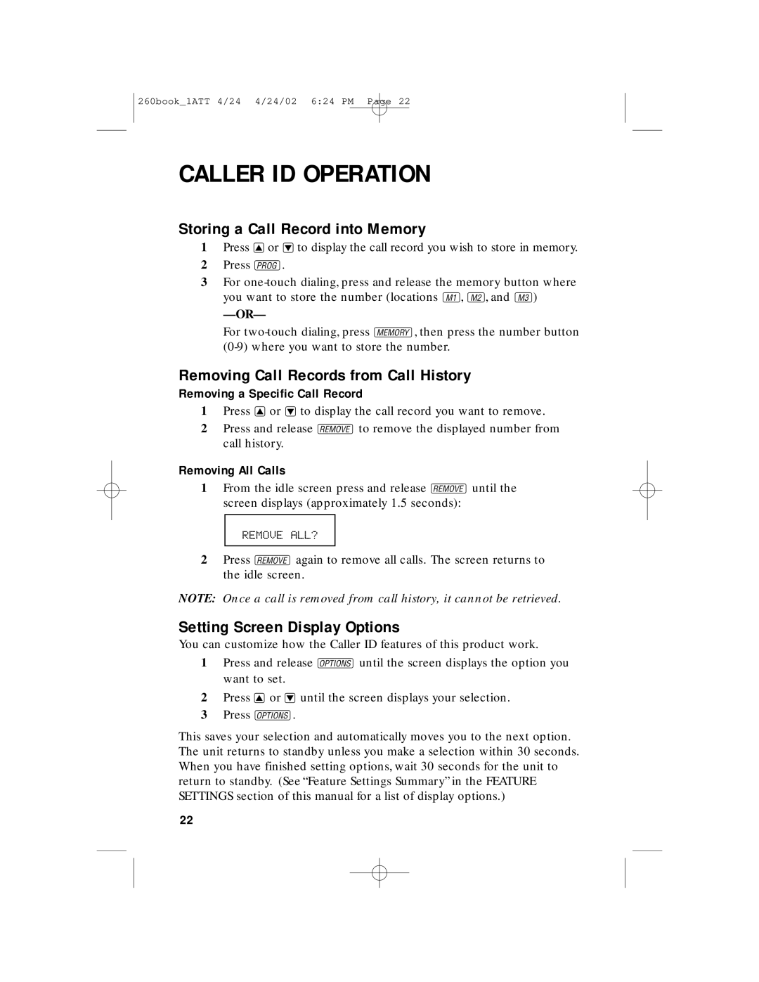 AT&T 260 Storing a Call Record into Memory, Removing Call Records from Call History, Setting Screen Display Options 