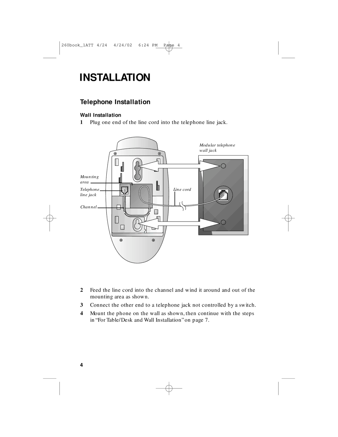 AT&T 260 user manual Telephone Installation, Wall Installation 