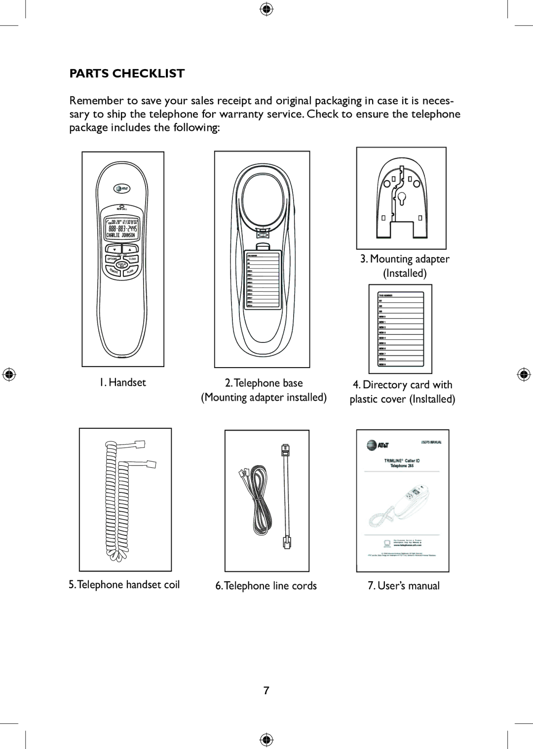 AT&T 265 user manual Parts Checklist 