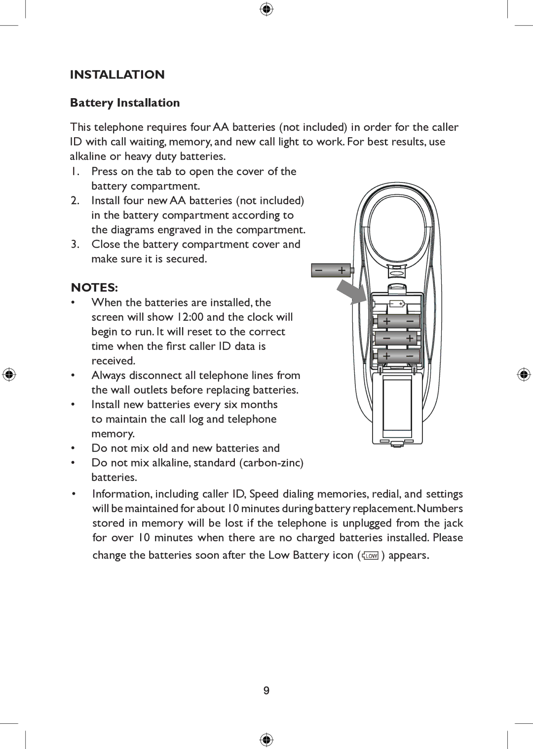 AT&T 265 user manual Battery Installation 