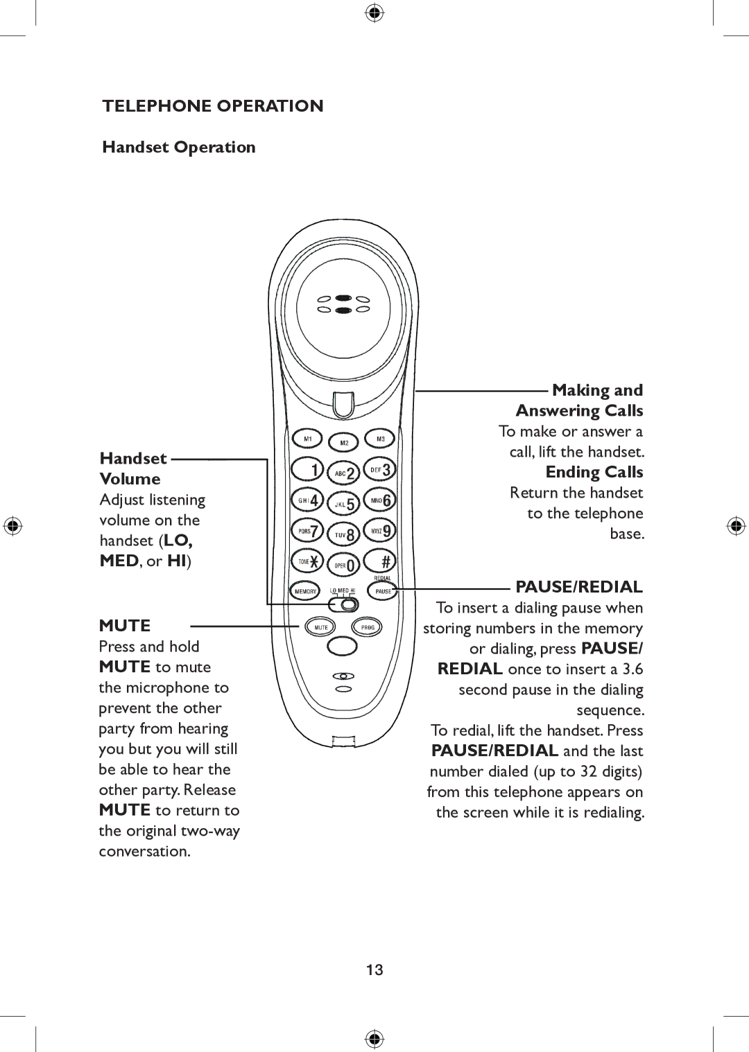 AT&T 265 user manual Telephone Operation, Pause/Redial, Mute 