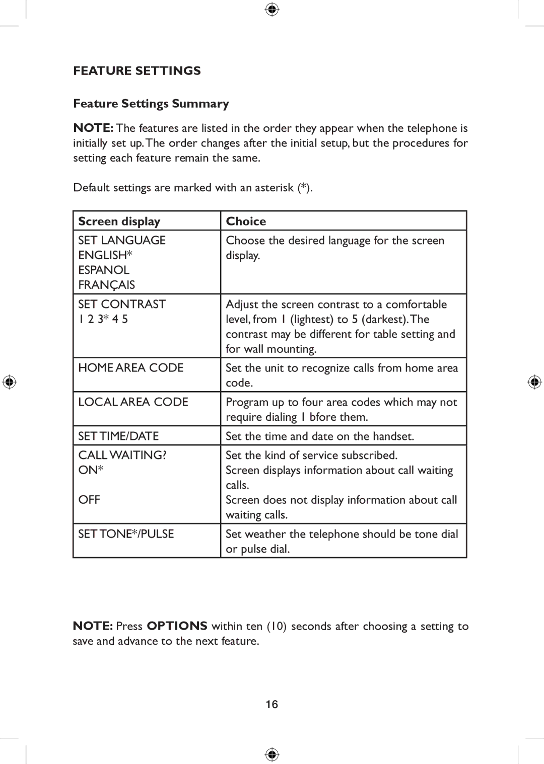 AT&T 265 user manual Feature Settings Summary 