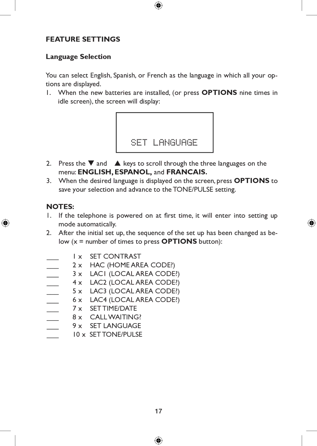 AT&T 265 user manual SET Language, Language Selection 