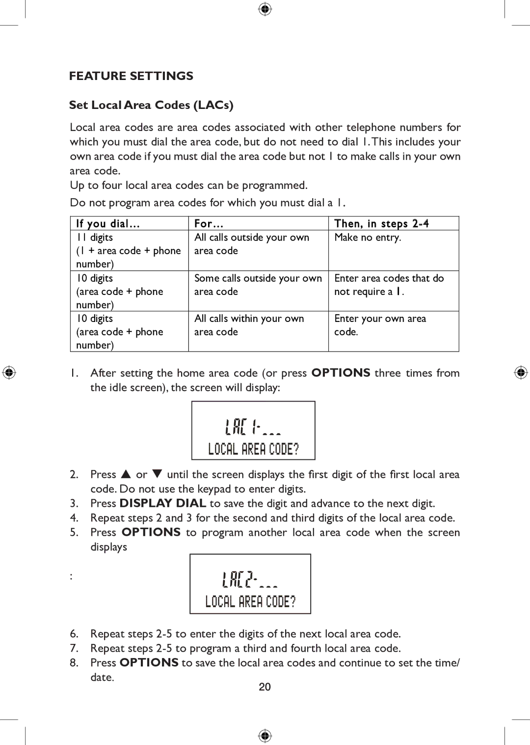 AT&T 265 user manual Set Local Area Codes LACs 